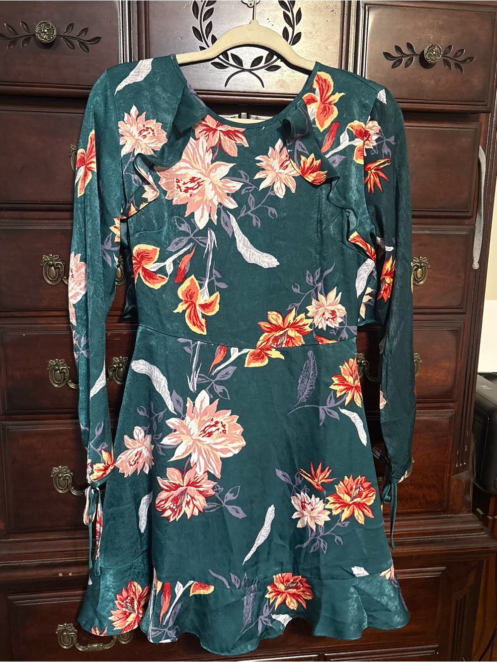 Lumiere Teal Green Floral Long-Sleeve Ruffle Dress